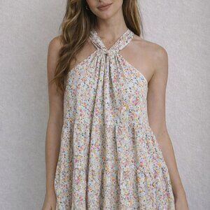 Floral Halter Neck Tank Top Short Dress Flowy Stretchy Soft Tiered Cottage Core